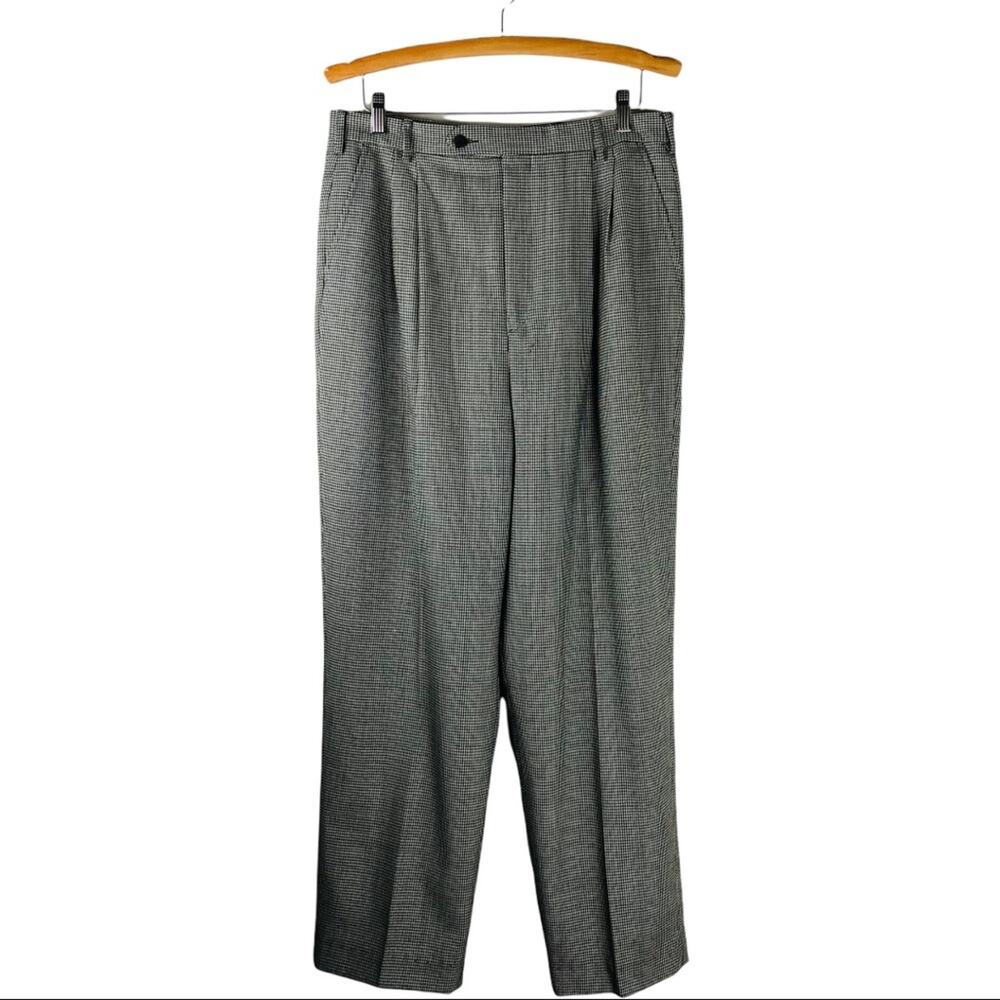Vintage black white houndstooth high waisted wide leg wool trousers pants 14
